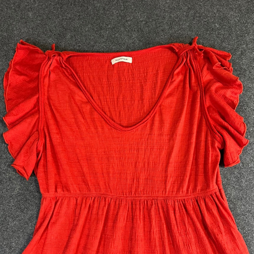 Max Studio Red Flutter Sleeve Tiered Mini Dress V-Neck Crinkle Gauze Cottagecore - Picture 8 of 12